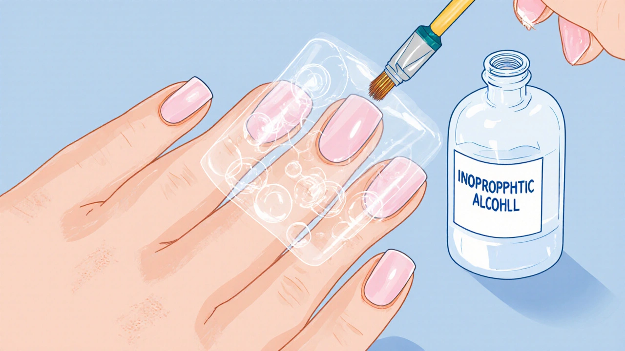 Umělý neht je přilepen na přirozený neht s vytlačením vzduchu pomocí fólie.