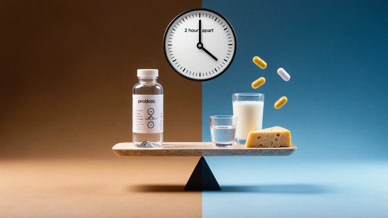 Váha s lékem a vodou proti mléčným výrobkům, probiotika na cestě k léčbě.