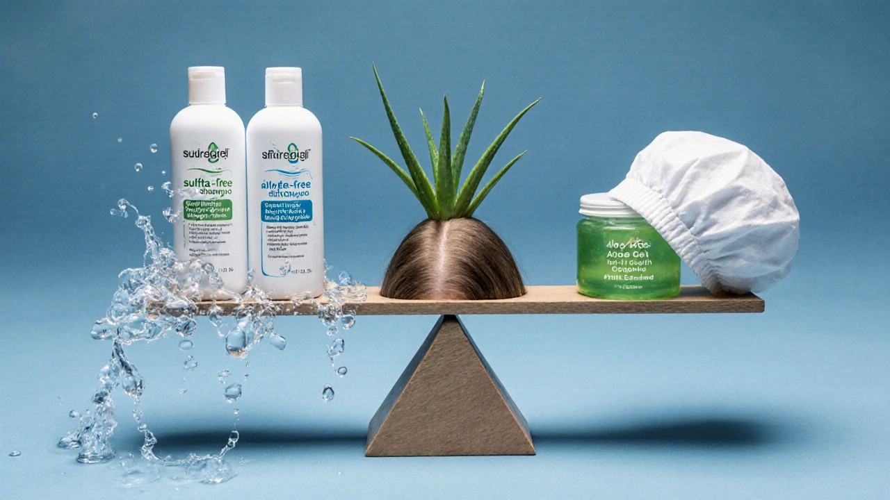 Váha ukazující rovnováhu mezi agresivními a jemnými prostředky pro péči o kůži hlavy.