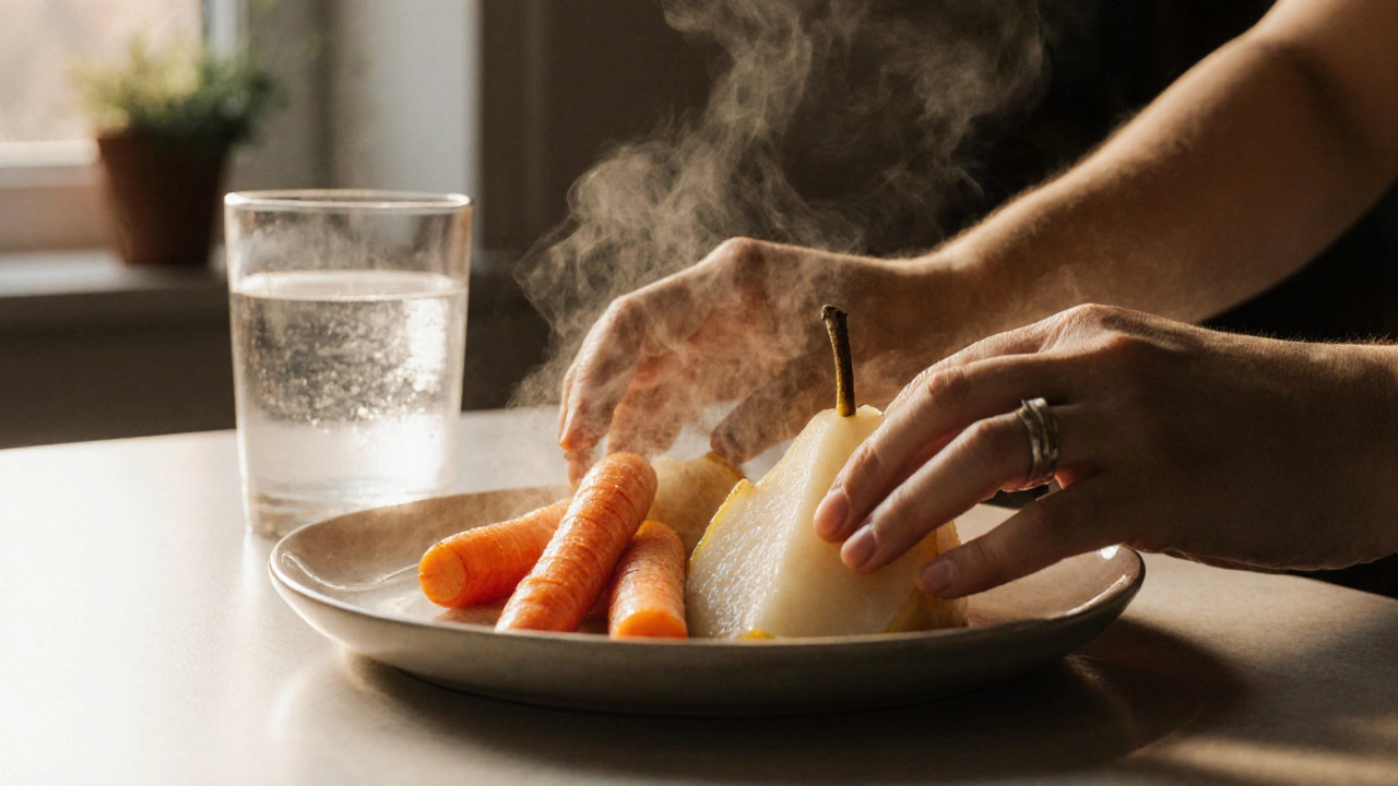 Vařená mrkev a žejdlíky na talíři s teplou vodou, lehká pára stoupá.