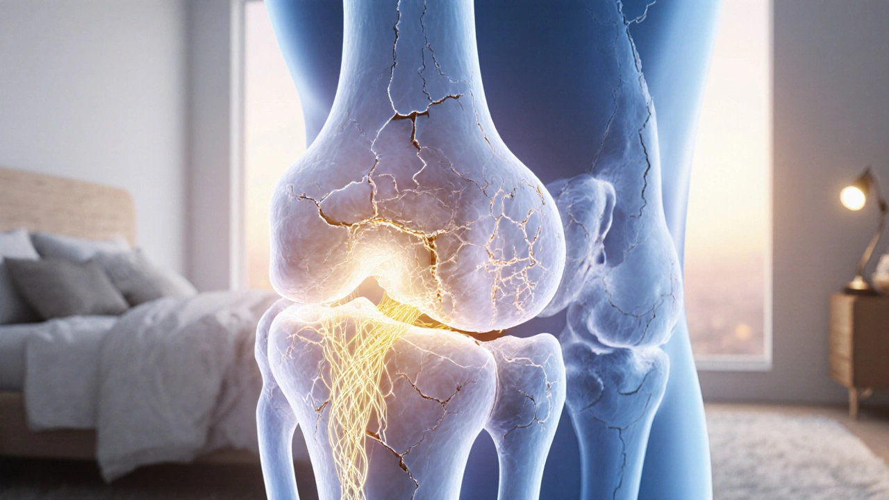 Vnitřní pohled na poškozený kloub s regenerujícími vlákny kolagenu, symbolizující léčbu.