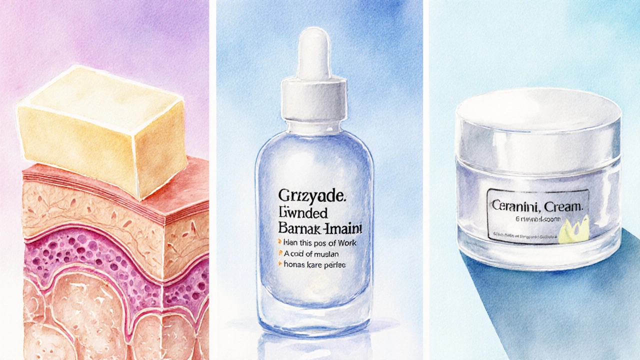Watercolor illustration showing three stages of skincare: harsh cleansing, serum absorption, and barrier protection.