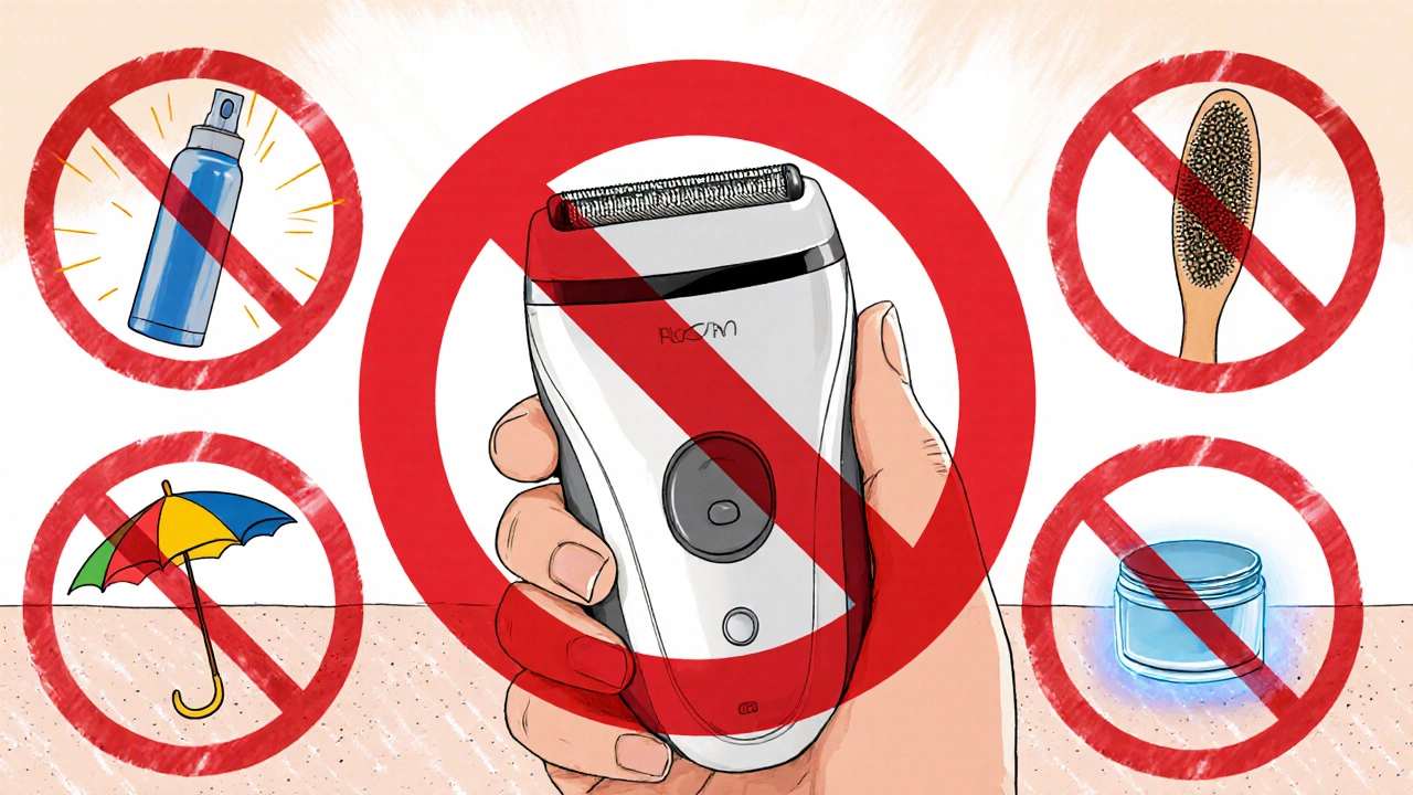 Zakázané předměty po epilaci: deodorant, peeling, slunce a retinol s výstražnými značkami.