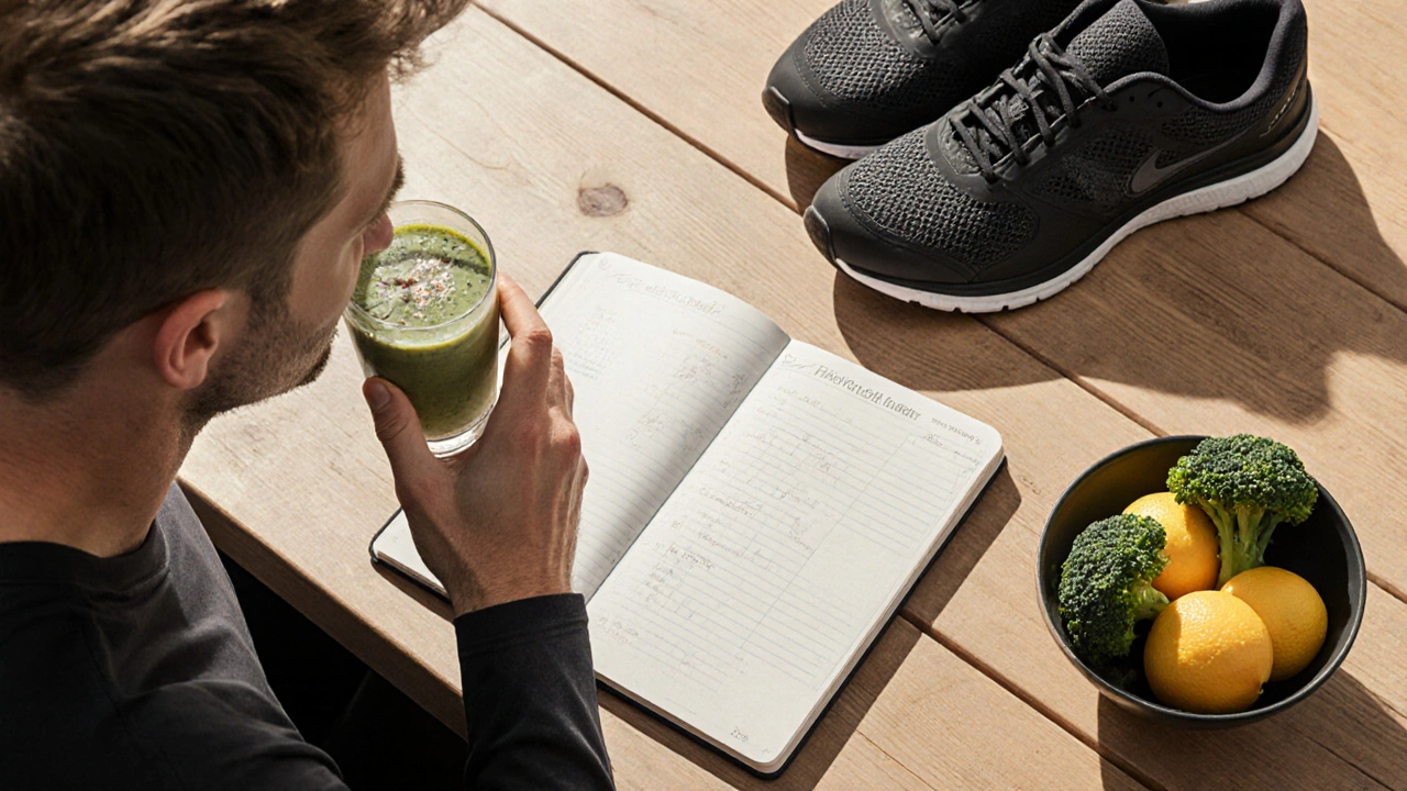 Zdravý styl života: kolagen, ovoce, spánek a pohyb na stole.