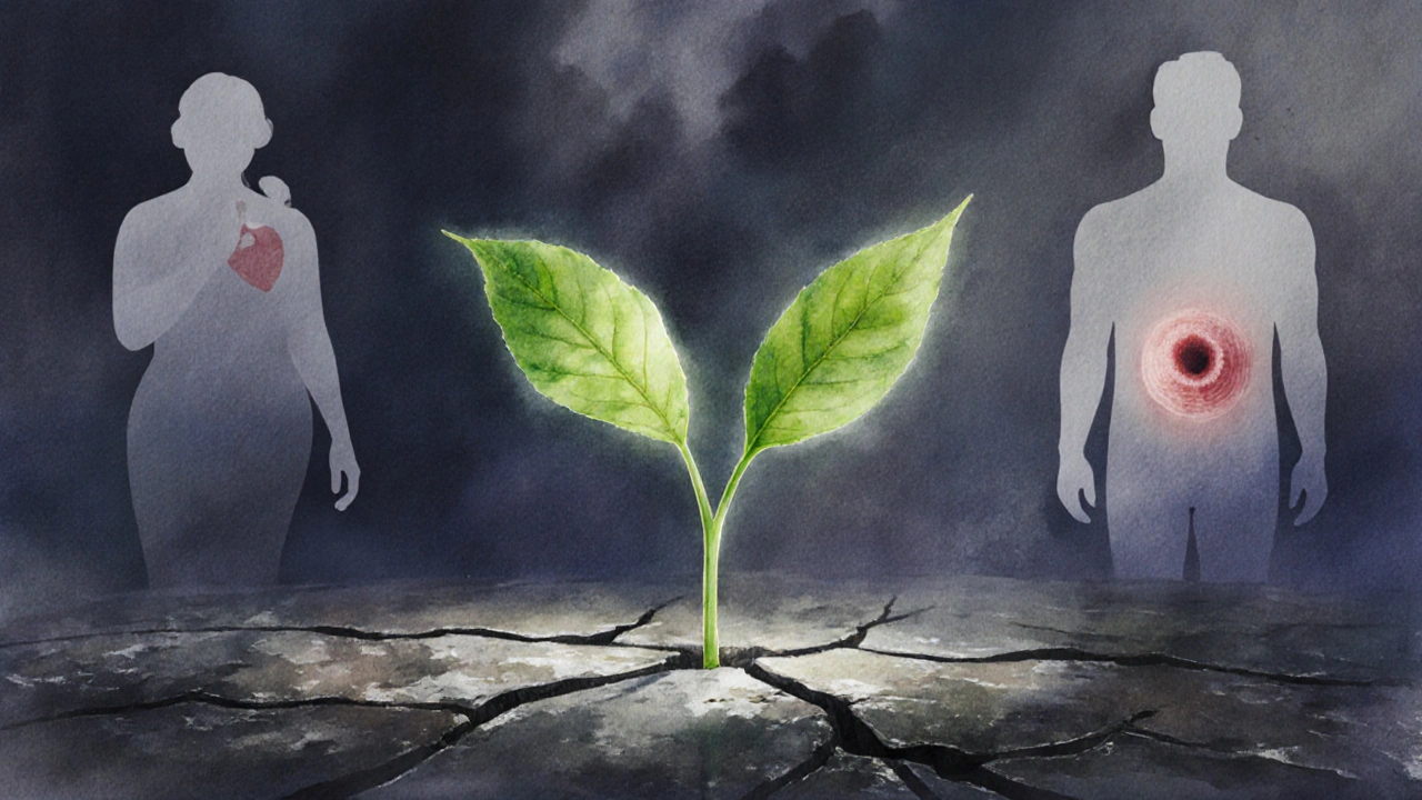 Zelený lístek vyrůstající z tmavého kamene symbolizuje včasnou detekci rakoviny