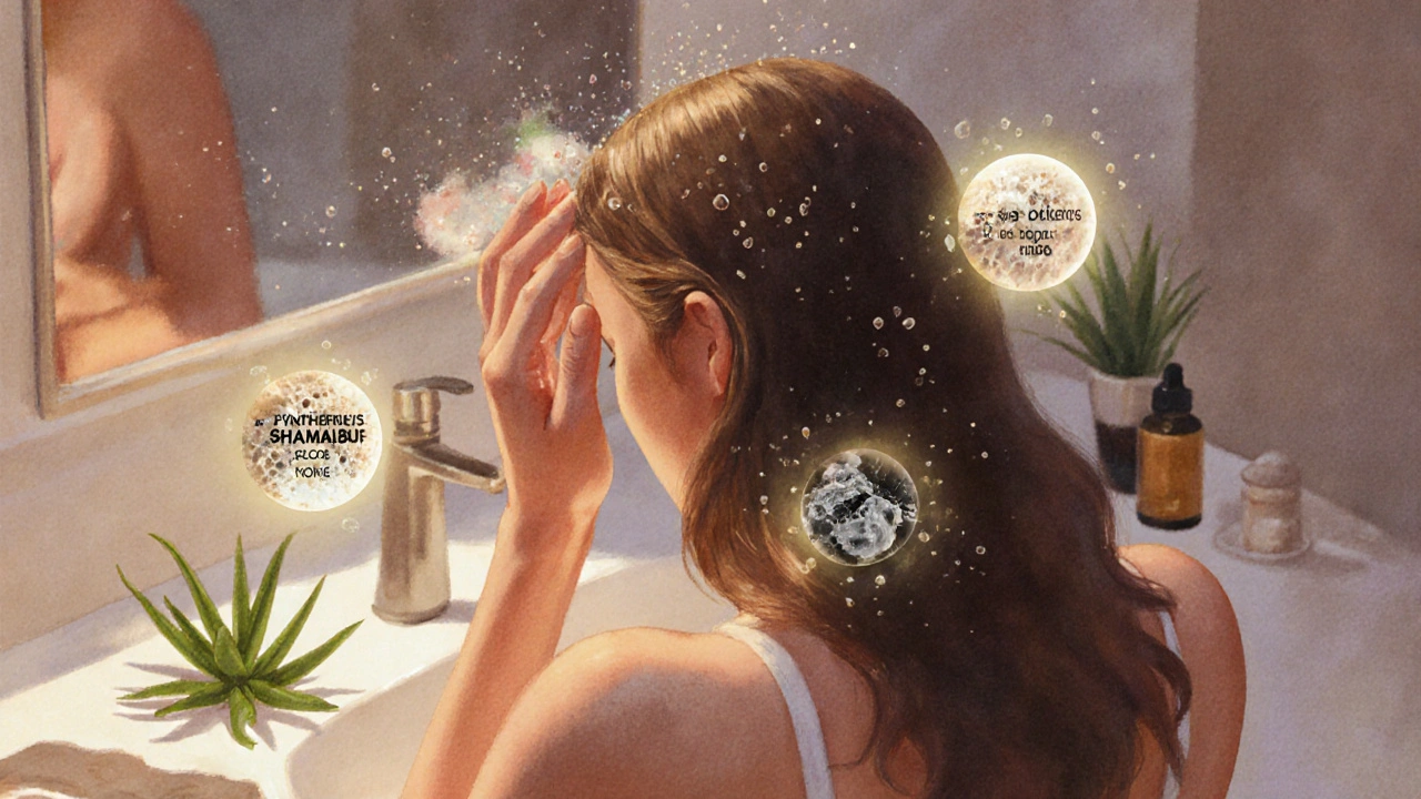 Žena aplikuje léčivý šampon na kůži hlavy, kolem ní plavají aktivní látky.