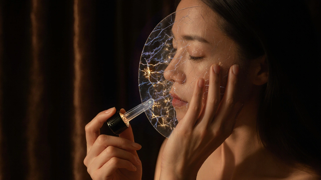 Žena aplikuje sérum večer v klidné atmosféře s jemným osvětlením.
