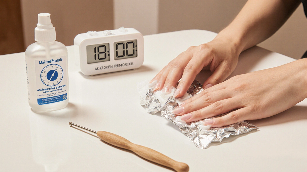 Žena opatrně odstraňuje gel lak pomocí hliníkového papíru a vatových tamponů v klidném prostředí.