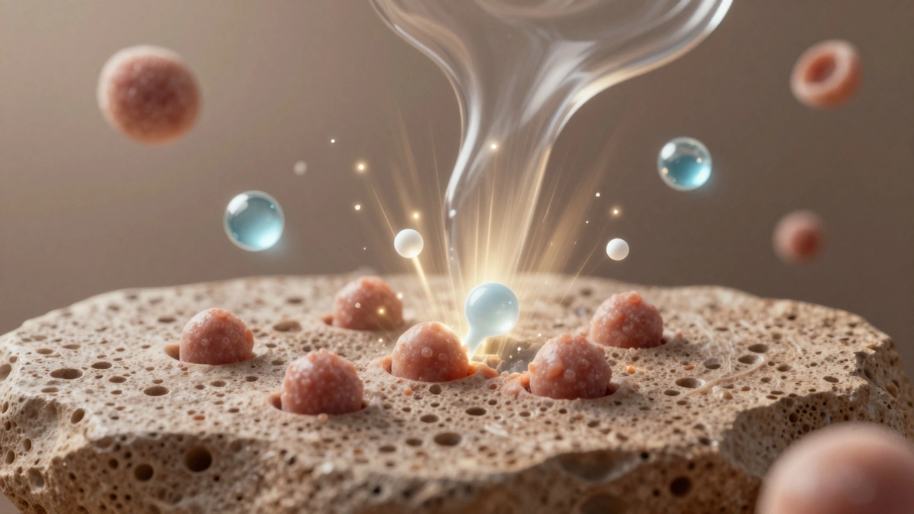 Abstraktní znázornění rozpouštění zablokovaných pórů chemickými kyselinami.