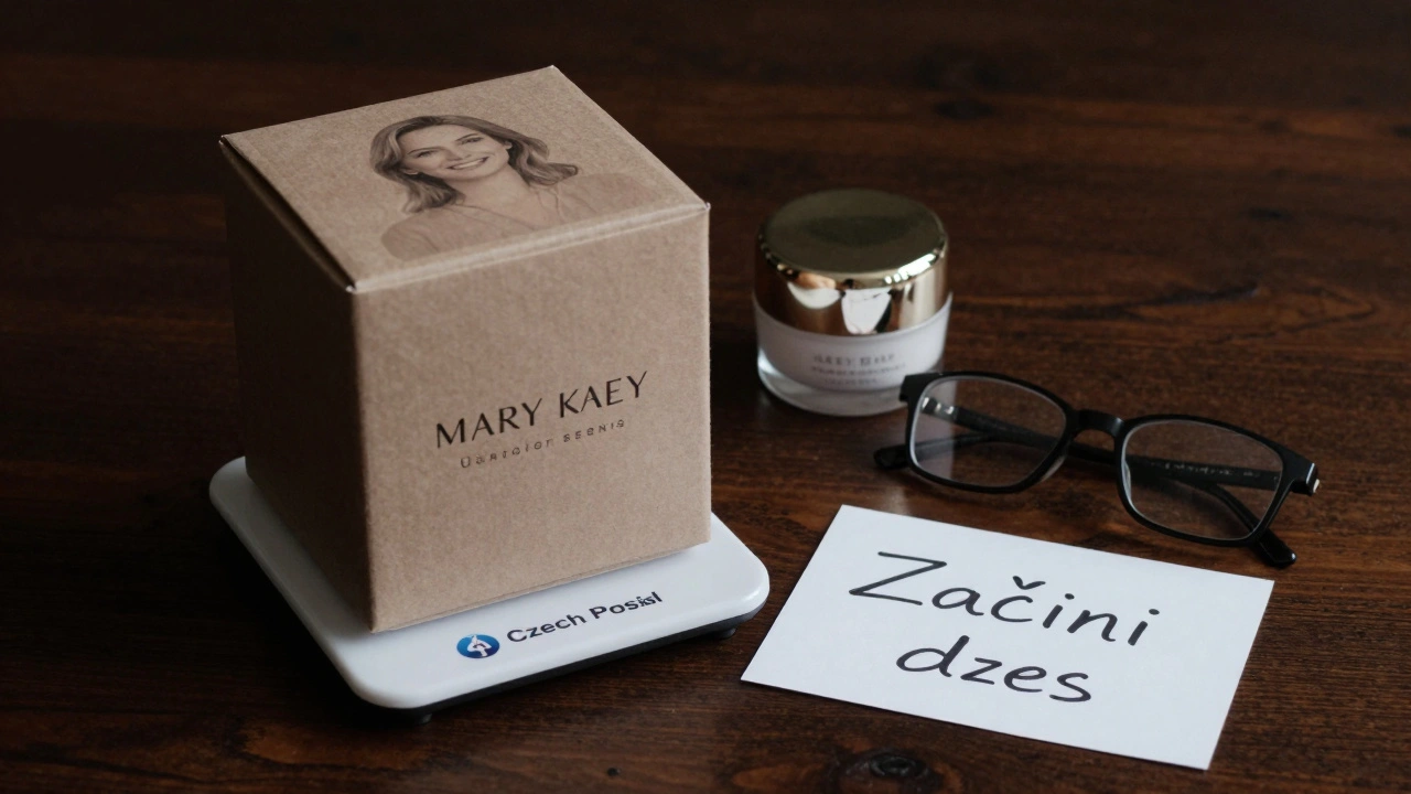 Balíček Mary Kay na poštovní váze s odrazem spokojené ženy
