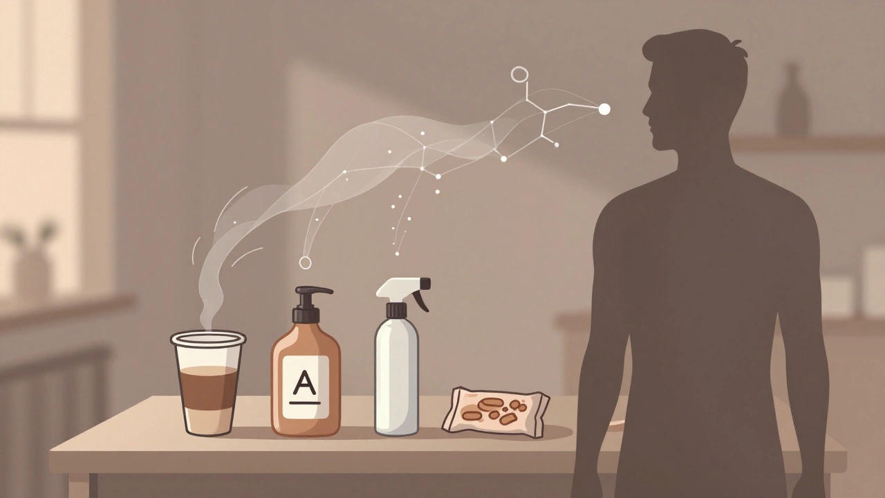 Běžný český domácnostní scénář s každodenními zdroji chemických látek.