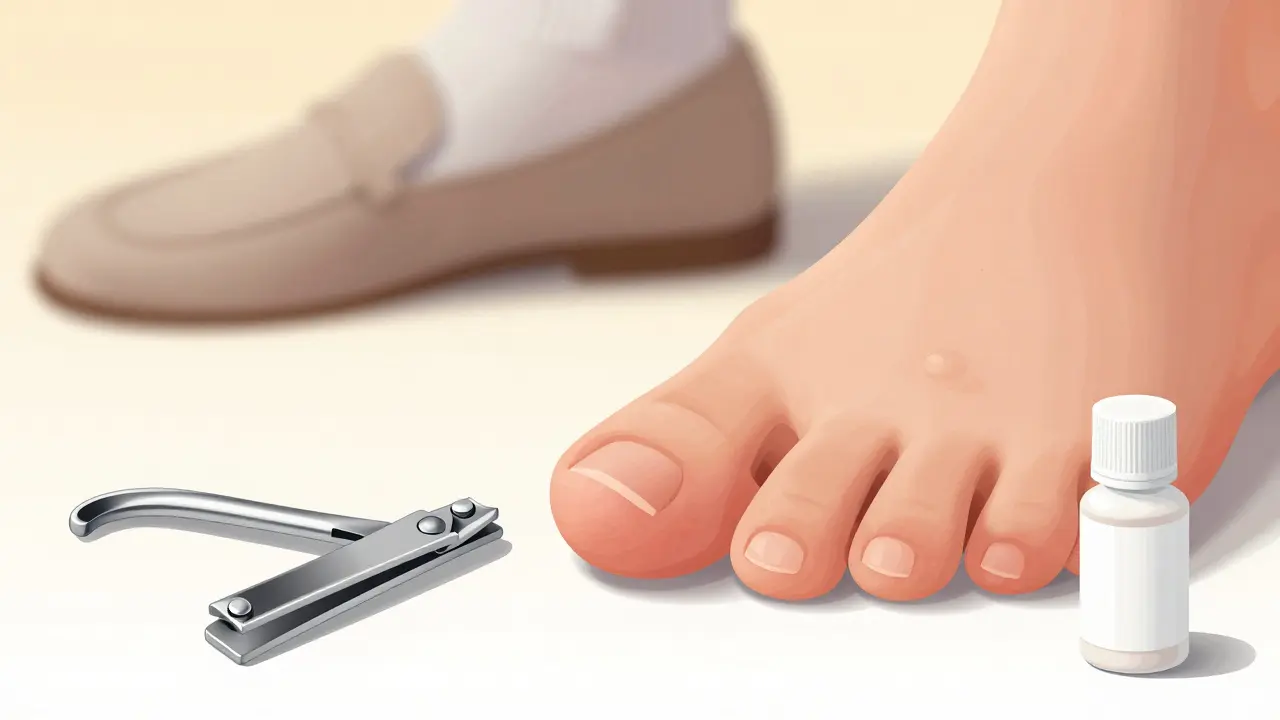 Blízký pohled na zarostlý nehet s oteklou kůží, vedle něj klíštěta a krém pro uklidnění zánětu.