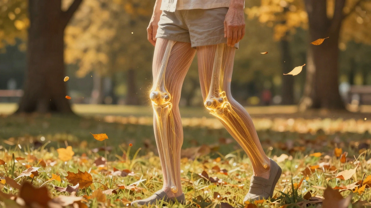 Člověk chodí v parku, kolagenová vlákna podporují jeho klouby a kůži.