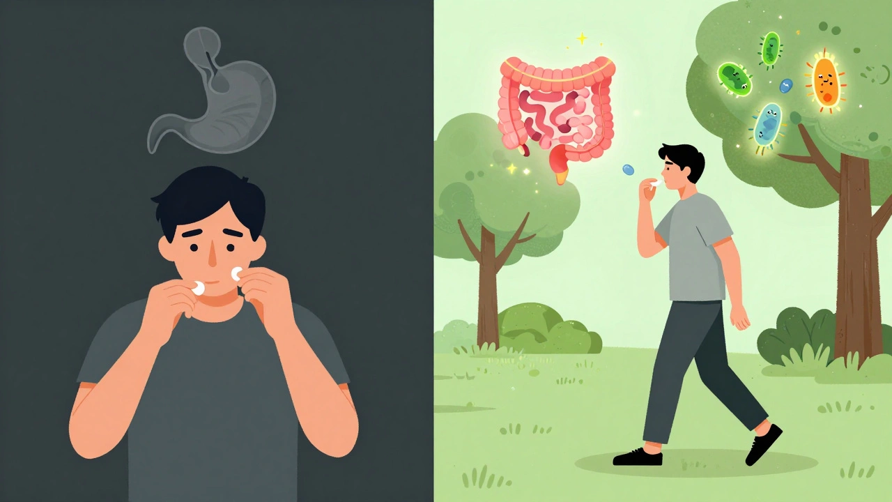 Dvě cesty: jedna s lékem a nepříjemnostmi, druhá s probiotiky a zdravým životním stylem.