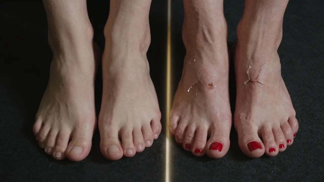 Dvě nohy vedle sebe: jedna zdravá a pečlivě ošetřená, druhá zanedbaná.