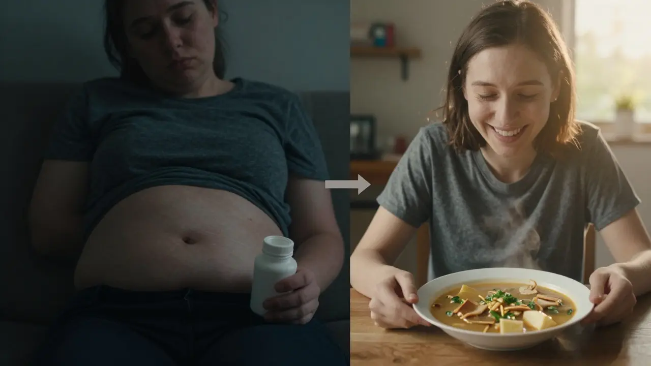 Dvě verze stejné osoby: jedna unavená s neotevřeným přípravkem, druhá zdravá s fermentovanou jídlem.