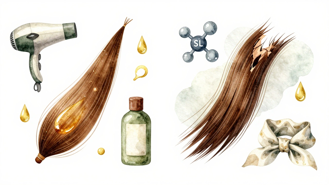 Dvě vlasy vedle sebe: jeden zdravý a lesklý, druhý poškozený a rozštěpený, s symboly škodlivých látek.