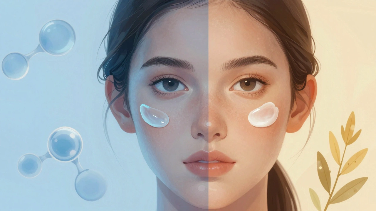 Dvoučelná ilustrace kombinované pokožky s lehkým gelem na T-zóně a krémem na suchých tvářích.