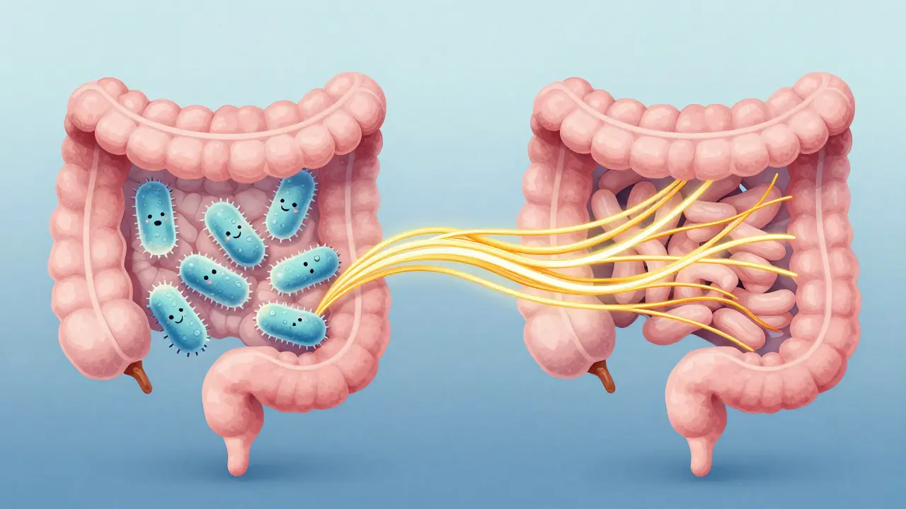 Ilustrace symbiózy probiotik a prebiotik v lidském střevě s vitálními vlákninami.