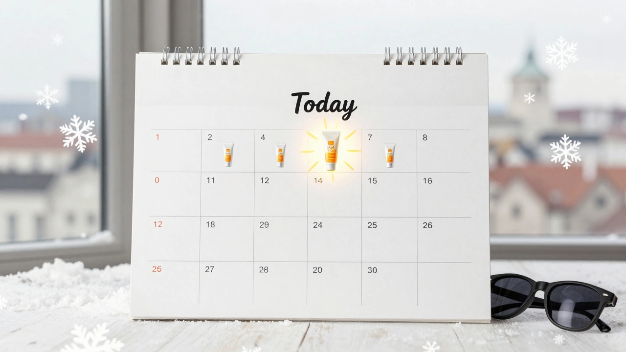 Kalendář s 365 dny, každý označený SPF, symbolizující denní ochranu před sluncem.