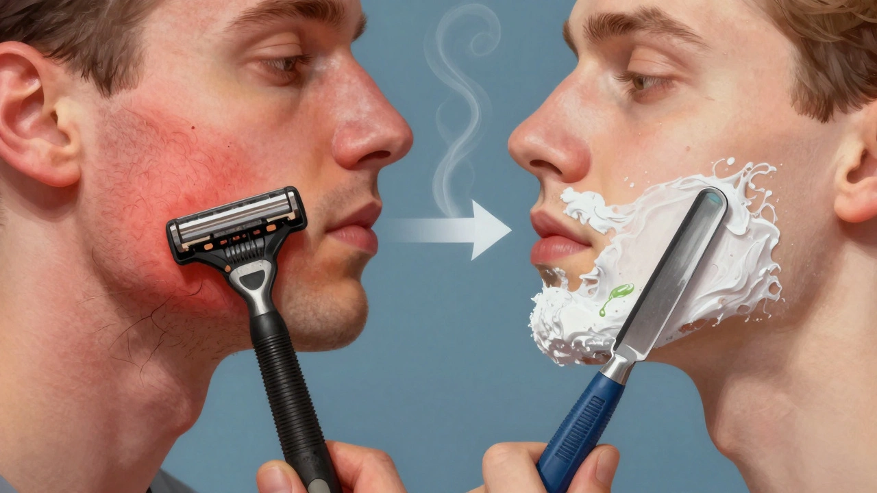 Kontrast mezi podrážděnou kůží a hladkou kůží po správném holení.