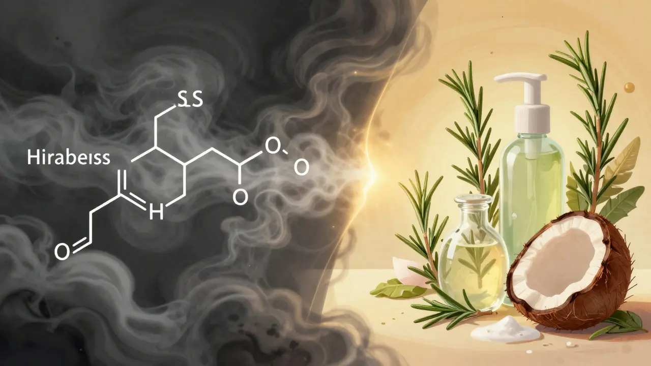 Kontrast mezi toxickými chemikáliemi a přírodními složkami v kosmetice, symbolizující výběr mezi škodlivým a přírodním.