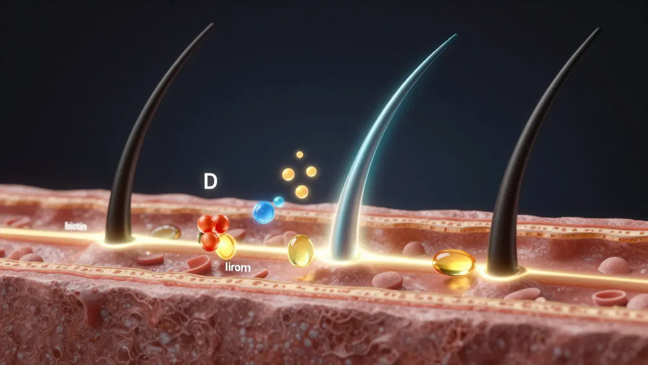 Křížový řez vlasového folikulu s proudy živin: biotin, železo, vitamín D, zinek a omega-3.