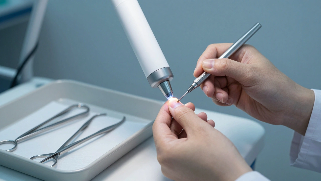 Lékař provádí částečné odstranění nehtu pomocí laseru pro trvalé zabránění zarůstání.