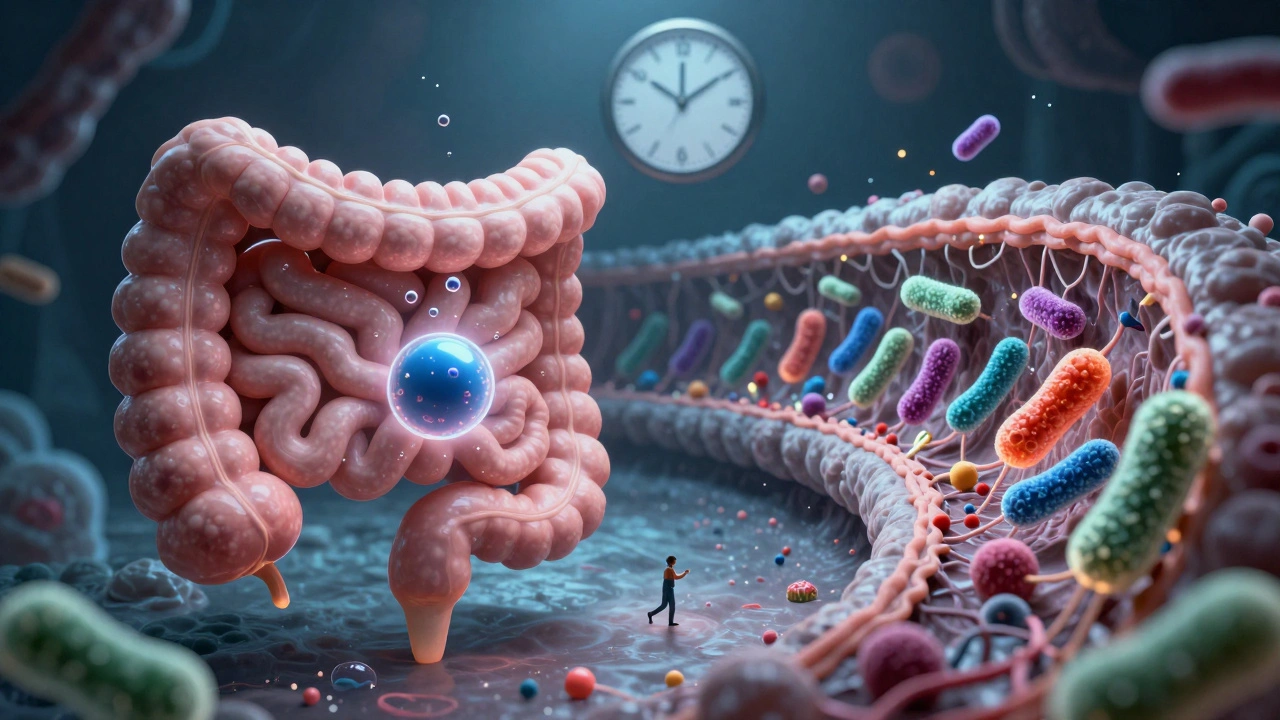 Lidské střevo s plynovými bublinami a probiotiky, které ho obnovují, s hodinami ukazujícími 14 dní.