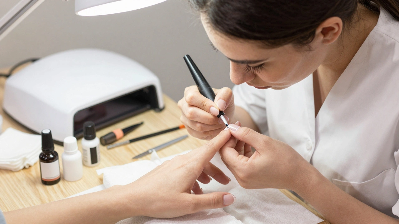 Manikýrka jemně maluje bílý kroužek na nehtu tenkým štětcem v salónu.