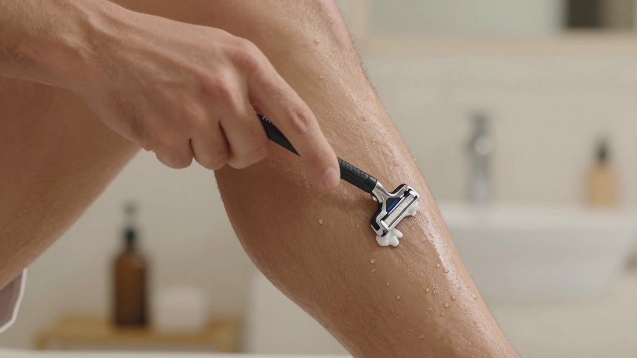 Muž holičem jemně holi ve směru růstu chloupků na vnitřní straně stehna.