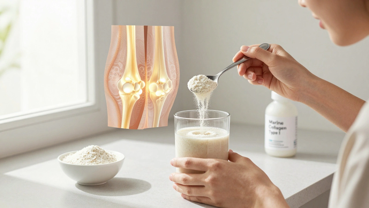 Osoba pije smoothie s mořským kolagenem, zatímco za ní viditelně regeneruje kůže a klouby.