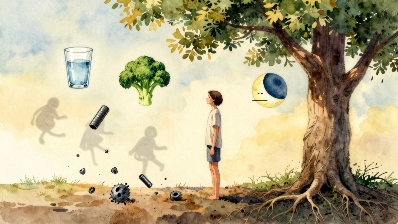 Osoba v klidu pod stromem, symbolizující přirozenou podporu detoxikace těla.