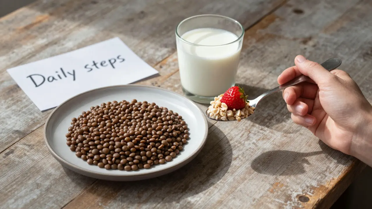 Ovesná kaše s jahodami a čočka na stole vedle kefíru, symbol zdravého jídelníčku.