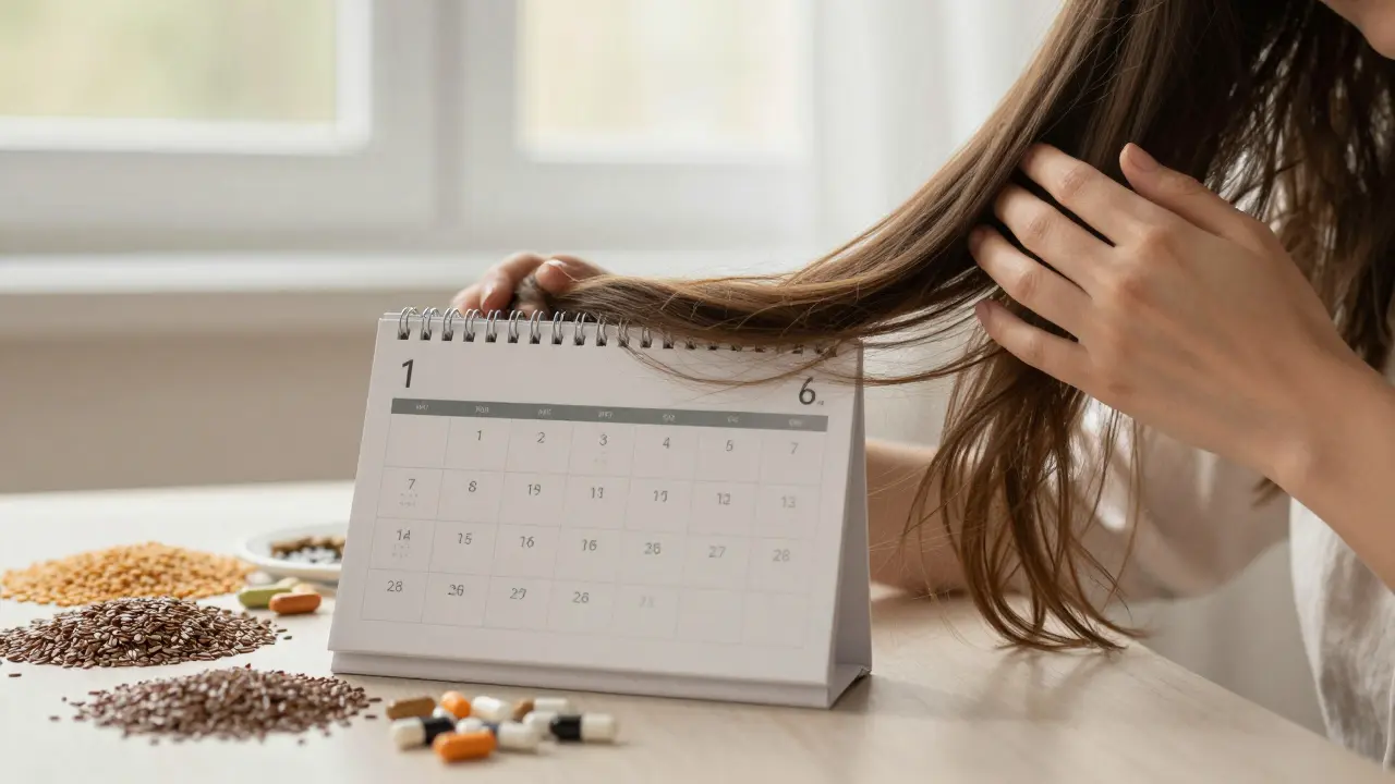 Přechod vlasů od řídkých k hustým během šesti měsíců s doplňky a potravinami.