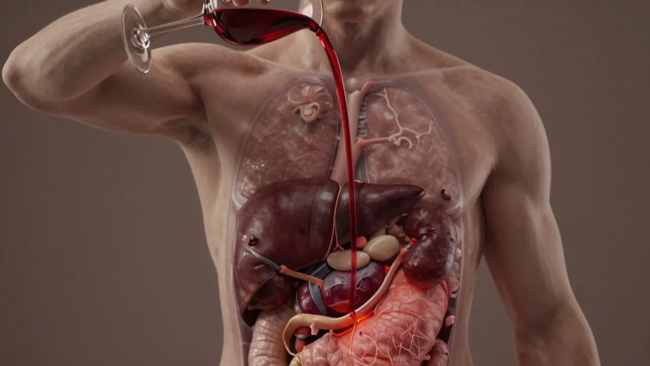 Průřez tělem ukazující poškození více orgánů způsobené alkoholem, včetně jater, pankreatu a srdce.