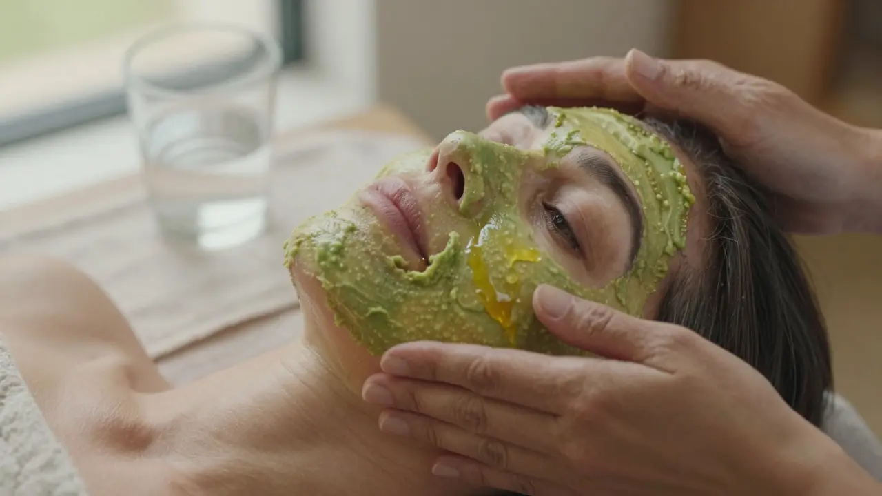 Ruce aplikují masku z avokáda a olivového oleje na obličej.