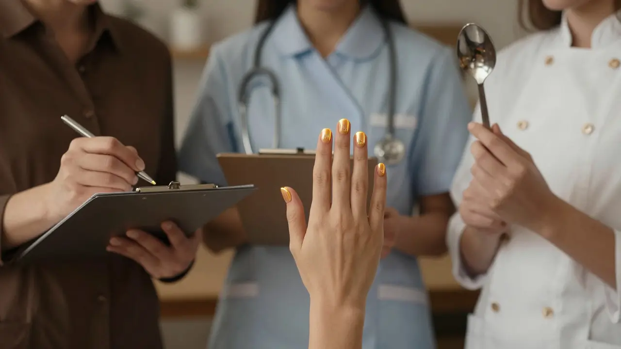 Ruce různých profesí s nehty ve stylu Vrků — funkční a elegantní.