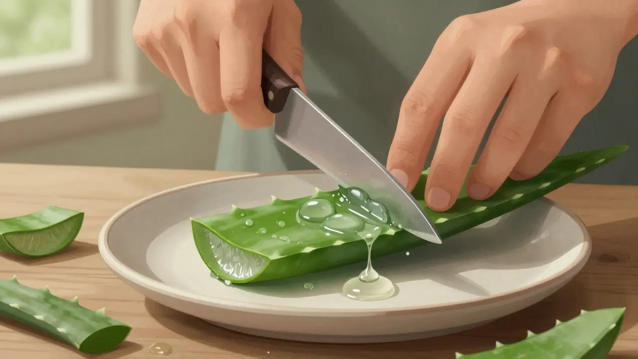 Ruka řeže list aloe vera, kde se objevuje průhledné želé.