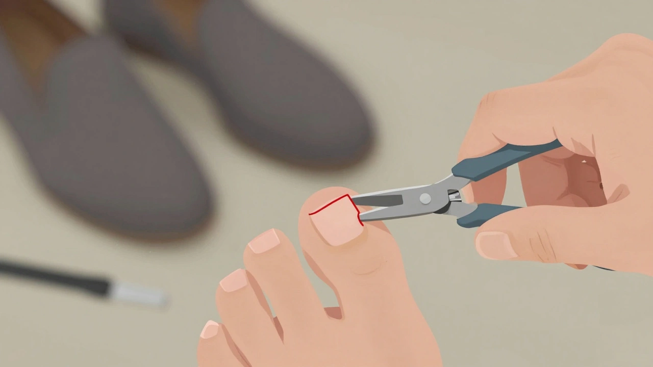 Správné stříhání nehtu rovně do tvaru obdélníku, bez zaoblených okrajů, aby se předešlo zarůstání.