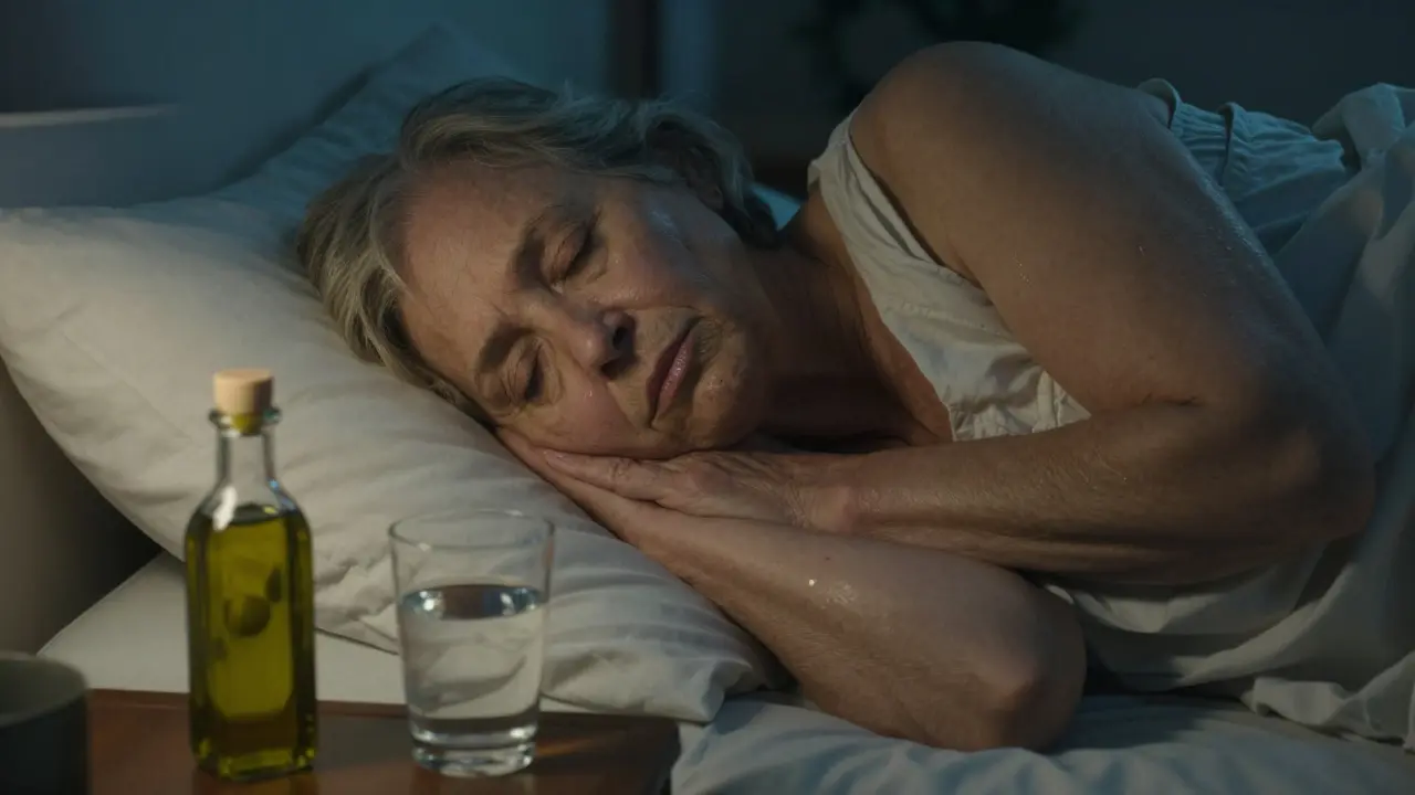 Stará žena spí s sklenicí vody a olejem na nočním stole.