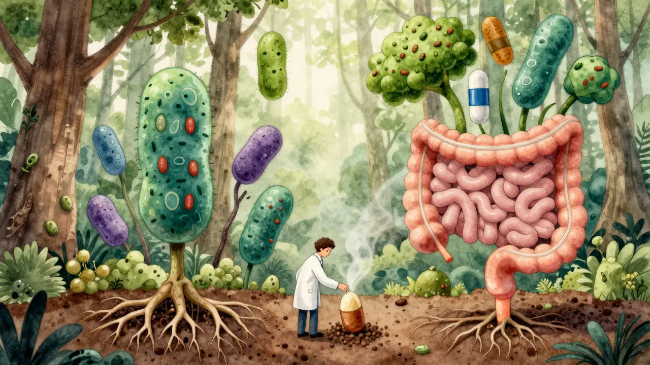 Střevní ekosystém jako les z bakterií, které pohlcují vlákninu, s přírodním osvětlením.