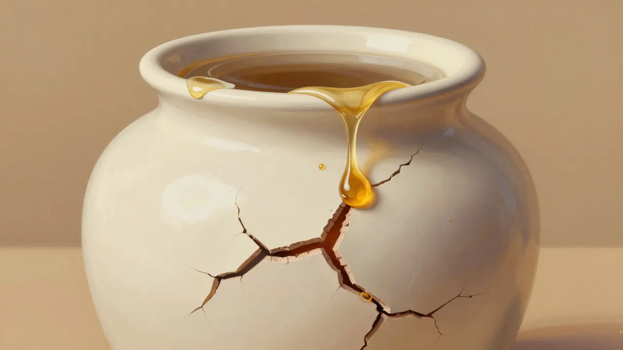 Symbolická představa poškozené lipidové bariéry jako rozbitého vazy, kterou opravují ceramidy a cholesterol.