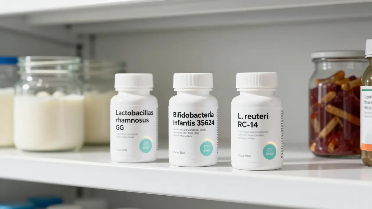 Tři probiotické kapsle s jasně uvedenými kmeny bakterií na poličce v lékárně.