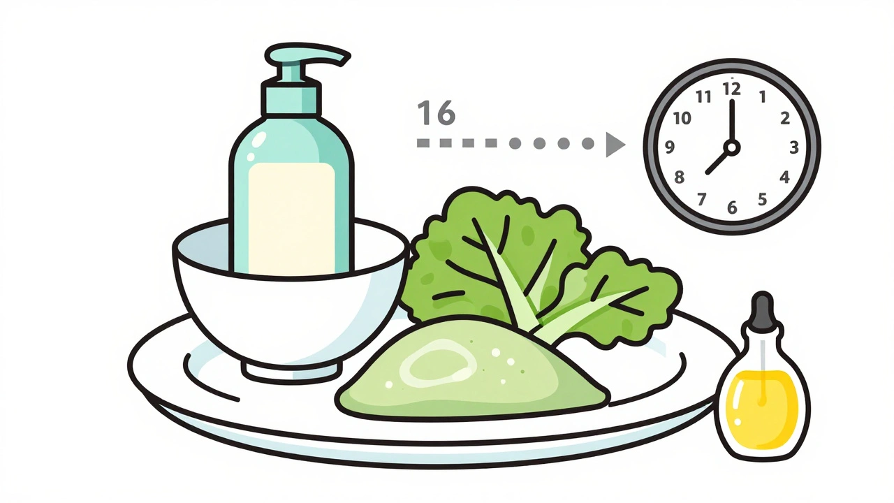 Týdenní péče o vlasy jako jídelníček: šampon, kondicionér, maska a olej jako jídlo na talíři.