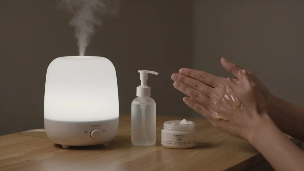 Večerní péče o suchou pokožku: ruka nanáší petrolatum, vedle je vlhčič vzduchu a krém.