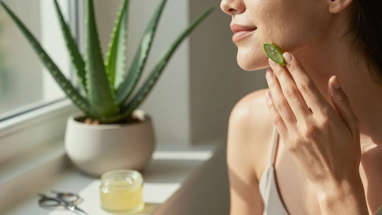 Žena aplikuje aloe želé na obličej, rostlina na okně v pozadí.