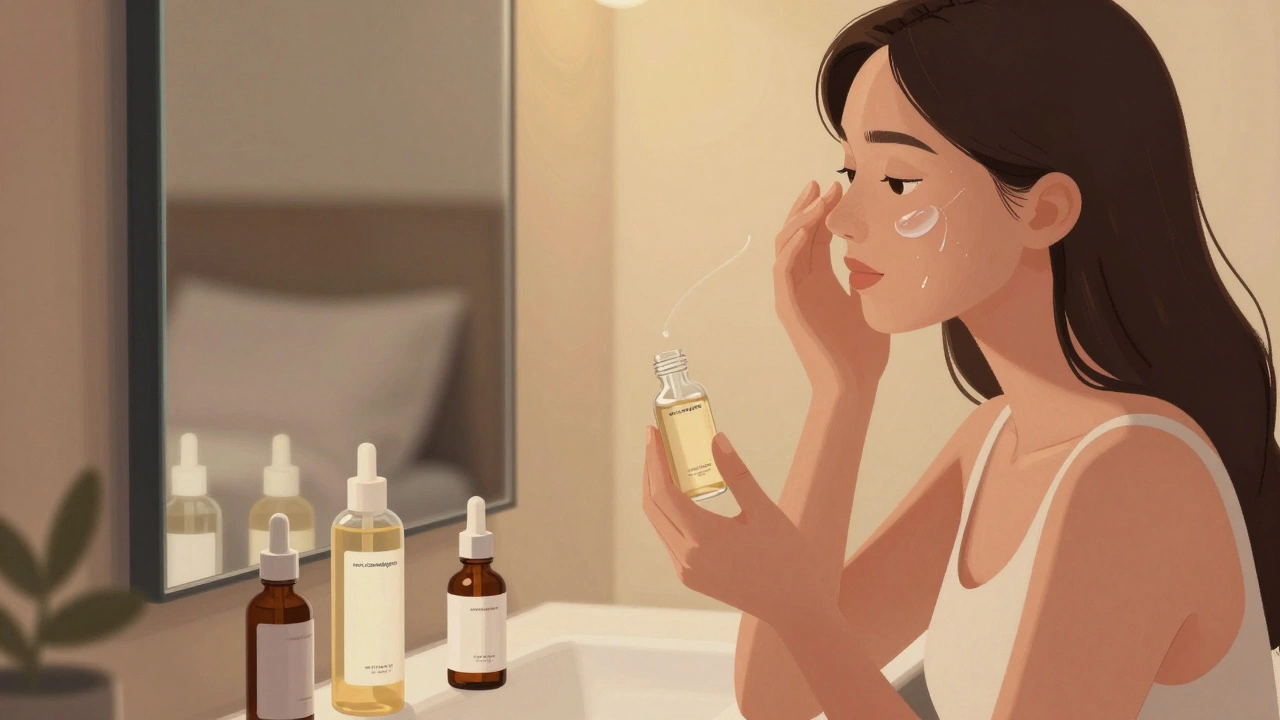 Žena aplikuje lehkou hydratační sérum na obličej večer v koupelně.