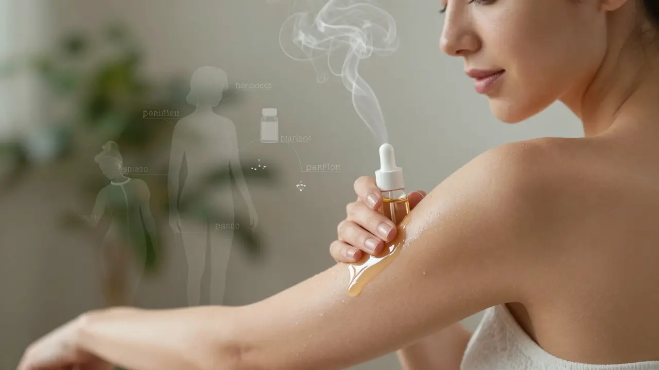 Žena aplikuje přírodní tělový olej, zatímco škodlivé látky v pozadí mizí jako kouř.