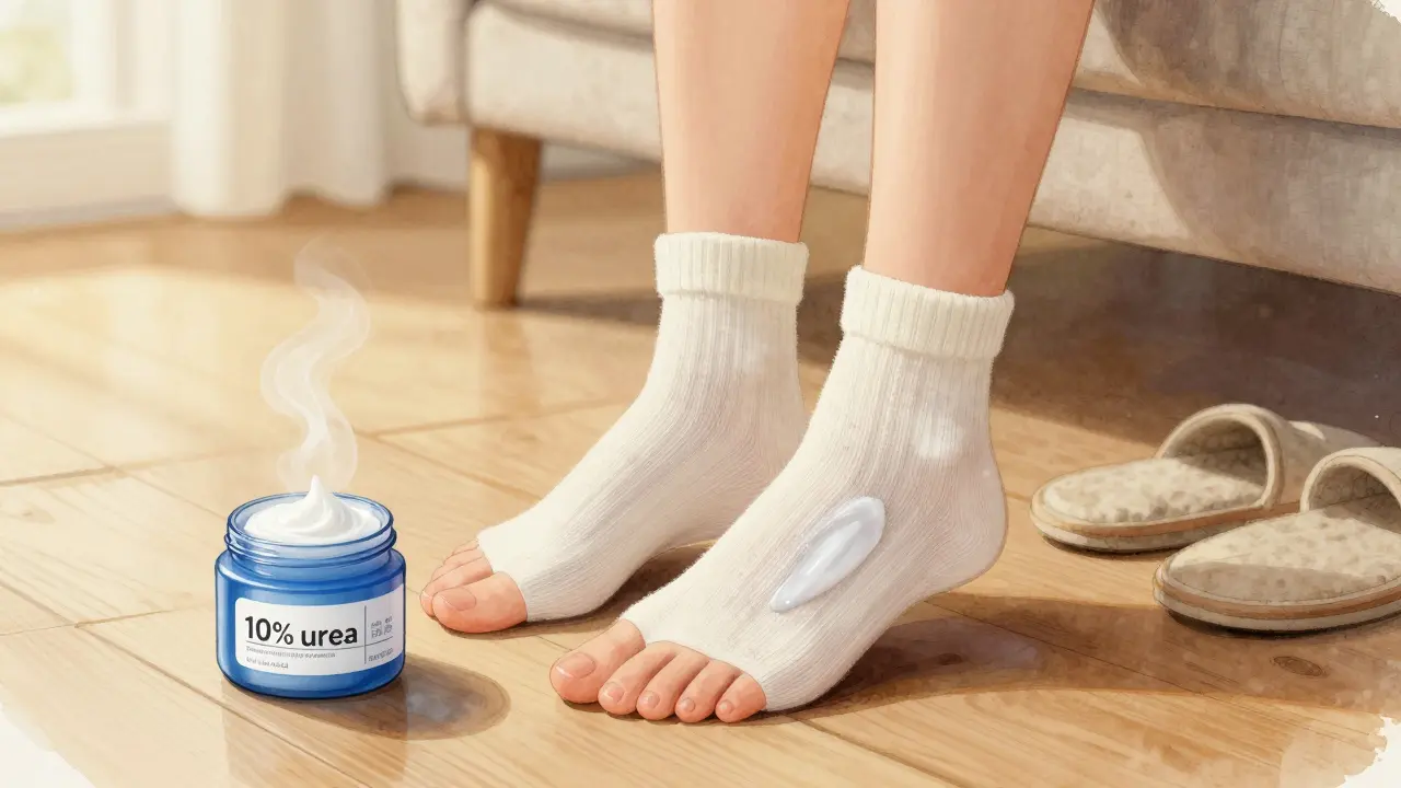 Žena v bavlněných ponožkách po aplikaci krému na nohy, teplé osvětlení domácího prostředí.